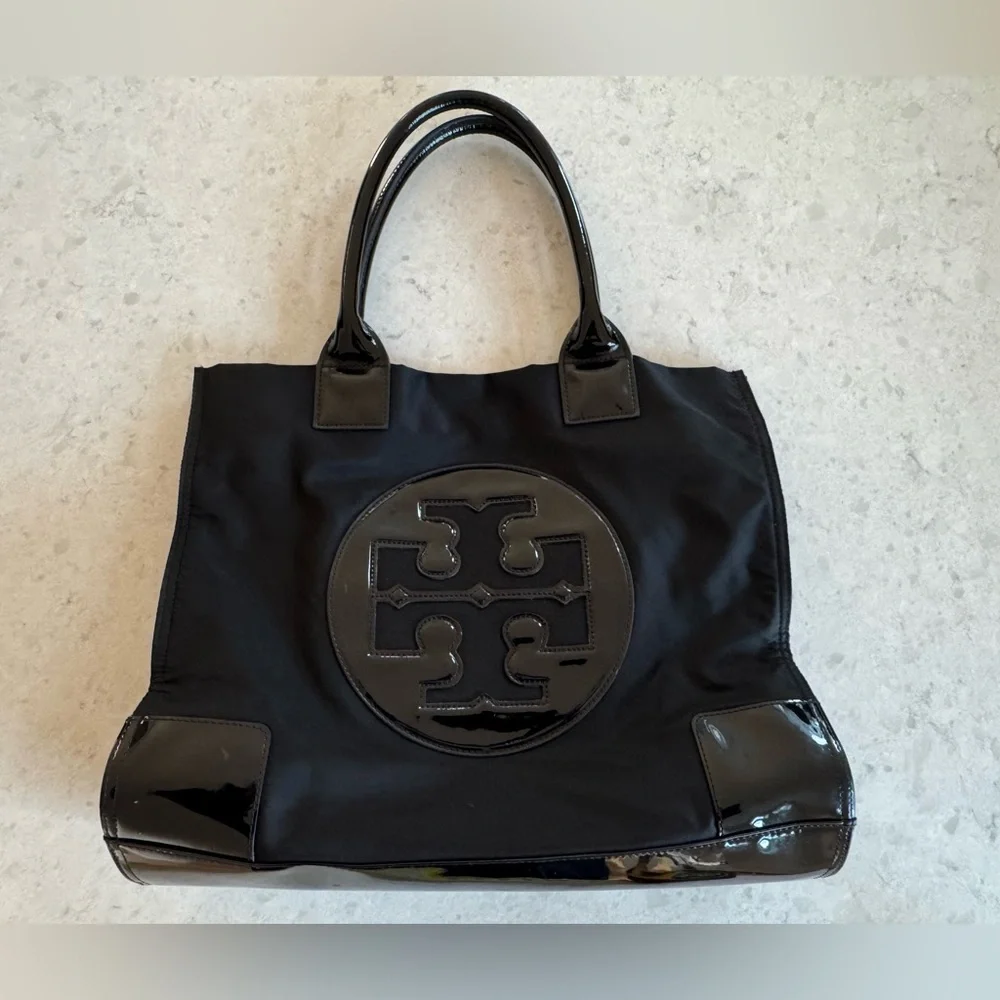 Tory Burch Black Nylon Tote with Patent Logo - Picture 2 of 15